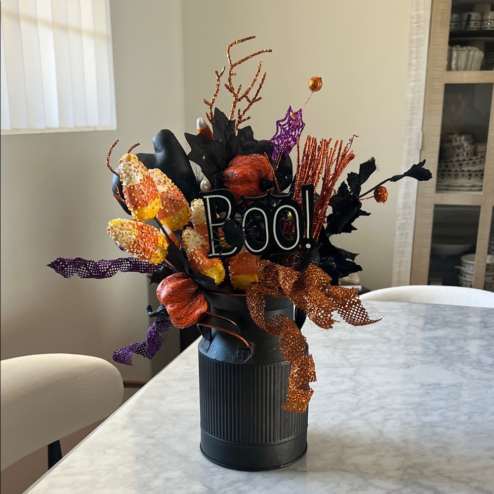 Spooky Halloween Faux Floral Arrangement with Orange and Black Accents